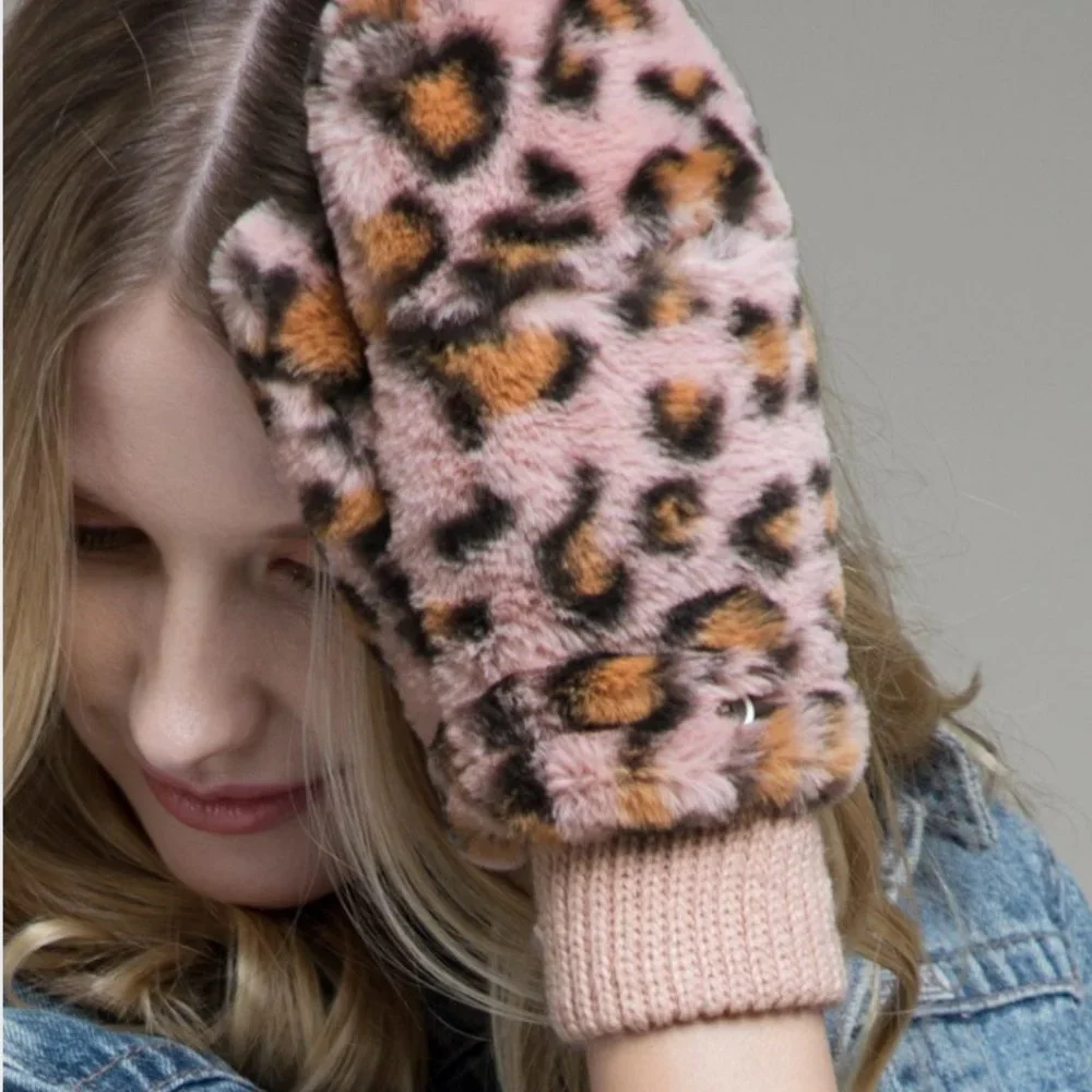 SOFT Pink Animal Print Pop Top Mittens - Picture 3 of 4